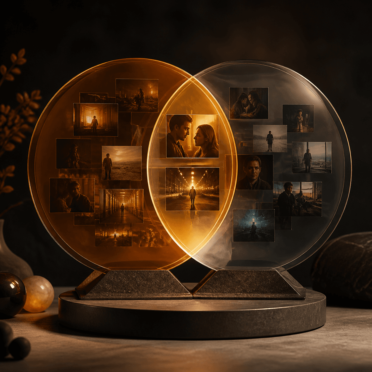 Two overlapping glass circles bring individual film tastes into a shared warm intersection.