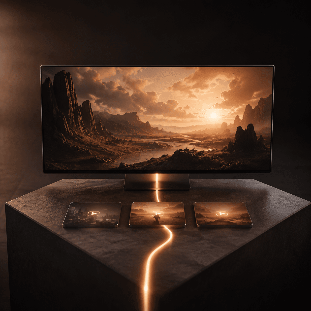 A cinematic screen connected to a selection of glass play tiles.